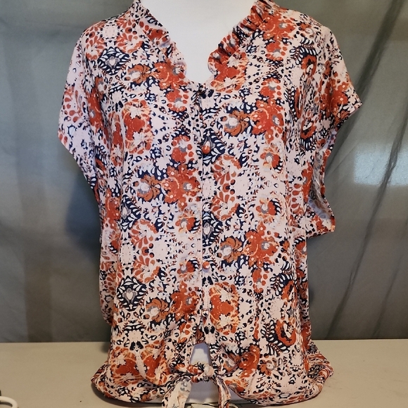 Orange and Blue Tie Front Blouse with Mandarin Collar - Picture 1 of 6